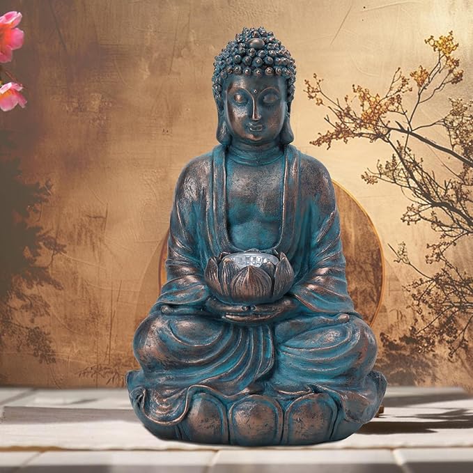 Bshine Solar Buddha Statue Outdoor Lights - 11x6 Inch Waterproof Garden Statue with Lotus, Meditation Zen Spiritual Room Decor for Yard, Patio, Buddha Figurine for Home Garden Decor Indoor