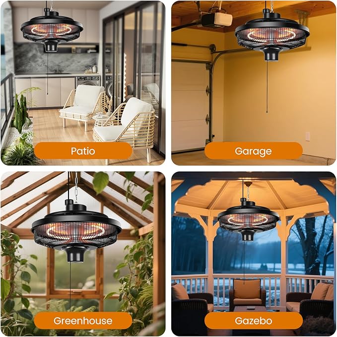 Hanging Patio Heater, 1500W Electric Infrared Heaters for Home, Gazebo, Garage, Greenhouse, Ceiling Mount with Overheat Protection, IPX4 Water Resistance, Adjustable Height (Black)