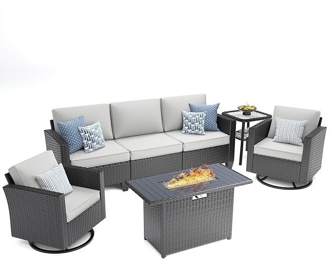 UDPATIO Patio Furniture Set with Fire Pit Table, Rocking Swivel Chairs, 5 Pieces Outdoor Furniture Sets, All-Weather Wicker Outdoor Sectional Sofa with Cover, 4'' Thickened Cushion, Light Grey