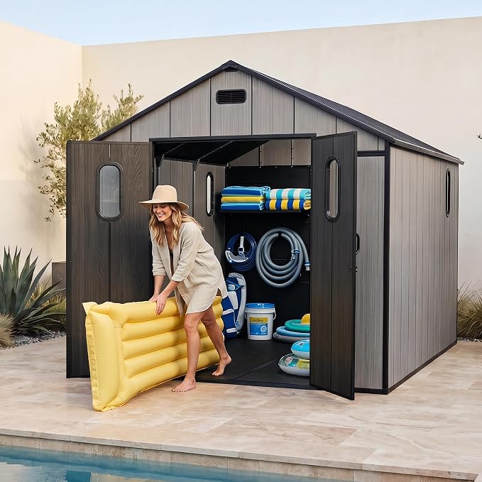 Domi 8x12Ft Resin Outdoor Storage Shed with Floor, Plastic Garden Storage Shed, Outside Weatherproof Storage Building for Tools, Bike, Lawn Mower, Patio, Backyard - Image 9