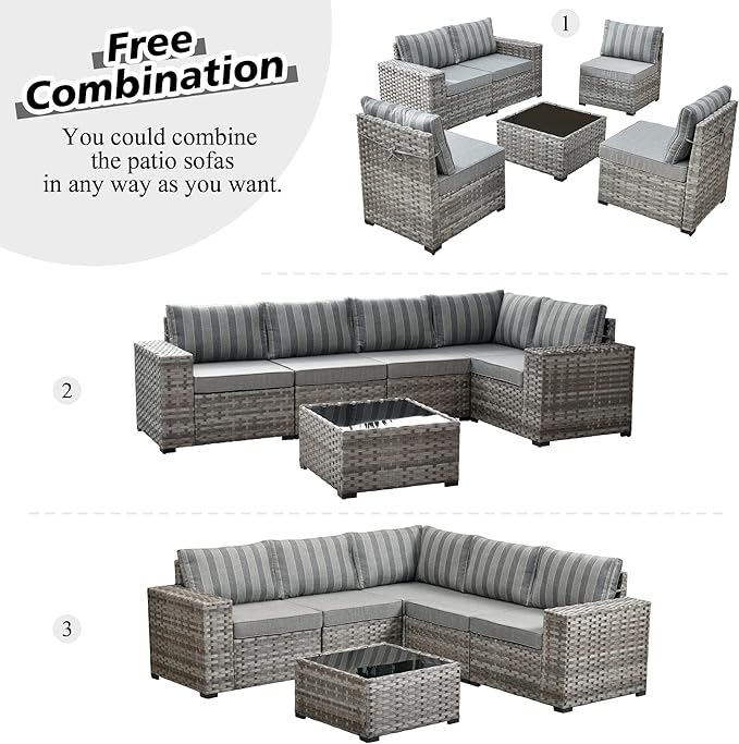 HOOOWOOO 9 Piece Modular Patio Outdoor Sectional Furniture Set with Gas Propane Fire Pit Table,Wicker Conversation Sofa Set with Swivel Chairs,Outside Couch Set(Grey Stripes)