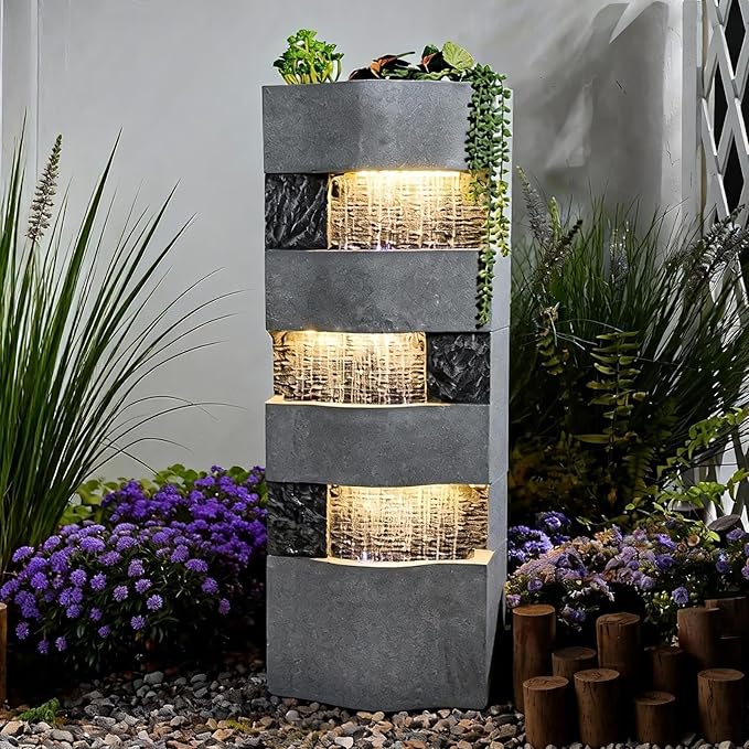 40.5''H Garden Water Fountain Outdoor,4 Tiered Floor Standing Waterfall Outdoor Fountains with LED Lights for Garden, Patio, Backyard, Deck, Porch and Home Art Decor