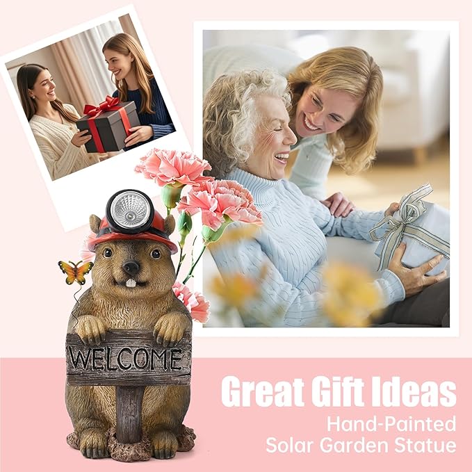 Groundhog Welcome Garden Statue with Solar Headlamp β Funny Animal Outdoor Yard Decor with LED Light and Butterfly β Waterproof Resin Garden Ornament for Patio, Lawn, Pathway