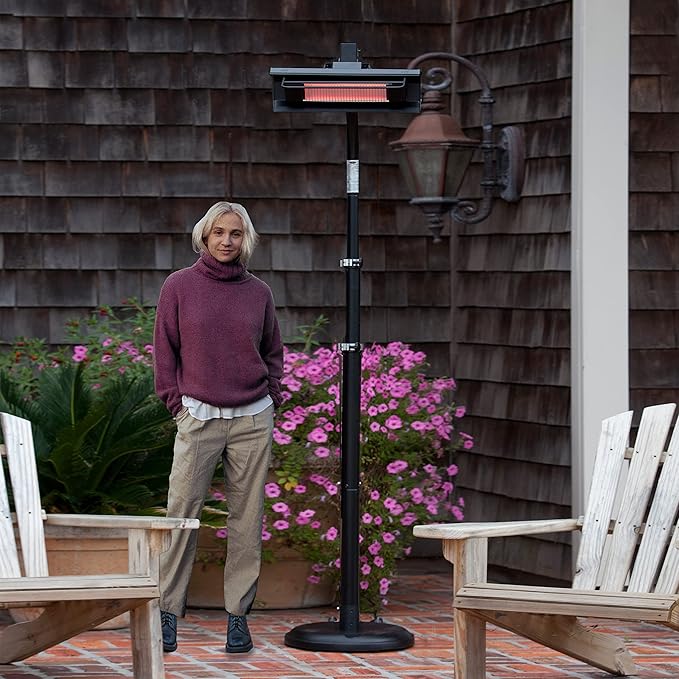 Fire Sense 02678 Telescoping Offset Pole Mounted Infrared Patio Heater With Wheels 1500 Watt Indoor Outdoor Powder Coated Steel Tip over Protection System Cover Included - Black