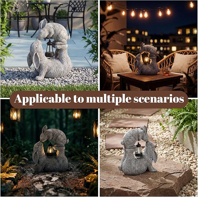 Pinkunn Easter Large Garden Statues Kissing Bunny Sculpture with Solar Lights 14.6" x 11.8" Easter Bunny Decoration Rabbit Lantern Figurine Outdoor Garden Yard Balcony Ornament Gift for Women Day