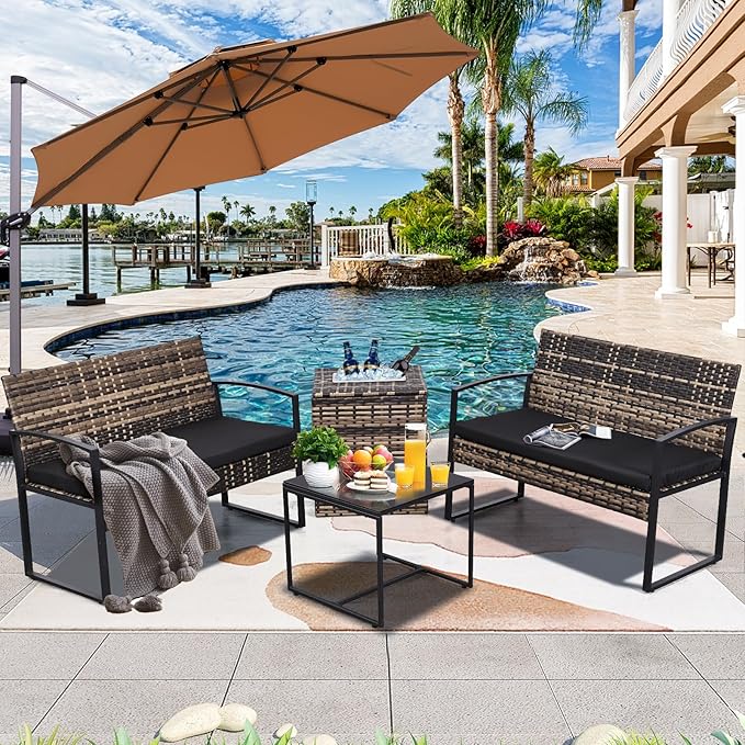 FHFO 4 Piece Outdoor Patio Furniture Set with Built-in Beverage Cooler Storage Box, Wicker Conversation Sets Patio Outdoor Loveseats & Coffee Table for Outside, Garden, Balcony, Porch, Yellow/Black