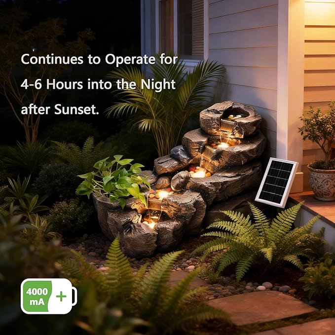 38.2" L Solar Water Fountain Outdoor Garden 5 Tiers Floor Standing Rock Natural Waterfall Outdoor Fountains with LED Lights and Planting Pot for Patio, Porch,Backyard,Home Art Decor