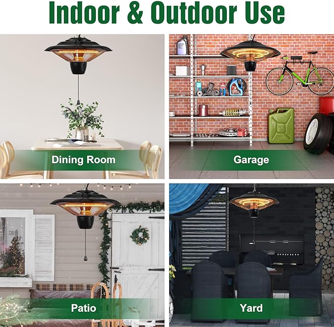 Patio Heater, 1500W Outdoor Heaters for Patio Ultra-Quiet Electric Heating Lamp Waterproof with 2 Heating Levels Overheat Protection, Ceiling Mounted Heater for Porch, Garage, Balcony