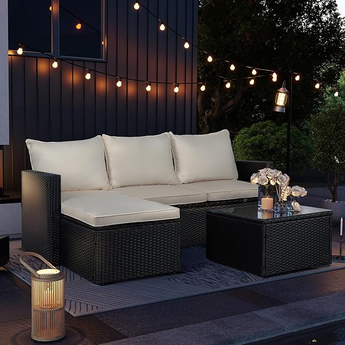 SUNLEI 3-Piece Patio Sectional Sofa, Patio Furniture Set with Detachable Soft Cushions, Outdoor PE Rattan Patio Conversation Sofa Set with Glass Coffee Table & Ottoman, Black Rattan/White