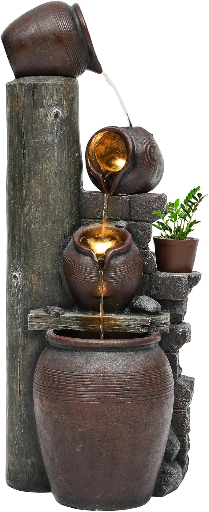 40" H Overszied Outdoor/Indoor Water Fountain with LED Lights and Pump, Cascading Pitchers Farmhouse Garden Fountain Waterfall for Patio, Porch, or Yard