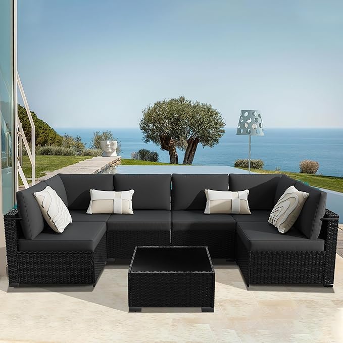 KIGOTY Patio Furniture Set,7 Pieces Modular Outdoor Sectional Sofa, PE Rattan Patio Conversation Set, All Weather Wicker Patio Furniture with Cushions and Coffee Table(Black/Black)