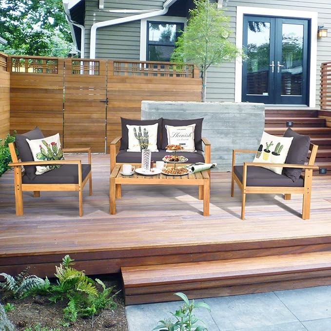 Tangkula Outdoor 8-Piece Acacia Wood Chat Set, 8 Seater Acacia Wood Conversation Sofa and Table Set, Teak Finished (2, Grey)