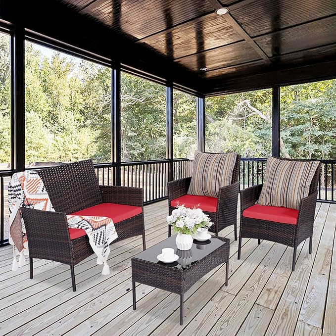 Patio Furniture Set 4 Pieces, Outdoor Rattan Furniture with Tempered Glass Coffee Table, Modern Rattan Patio Chairs Conversation Sets with Sofa for Garden, Terrace, Porch, Lawns Brown/Red