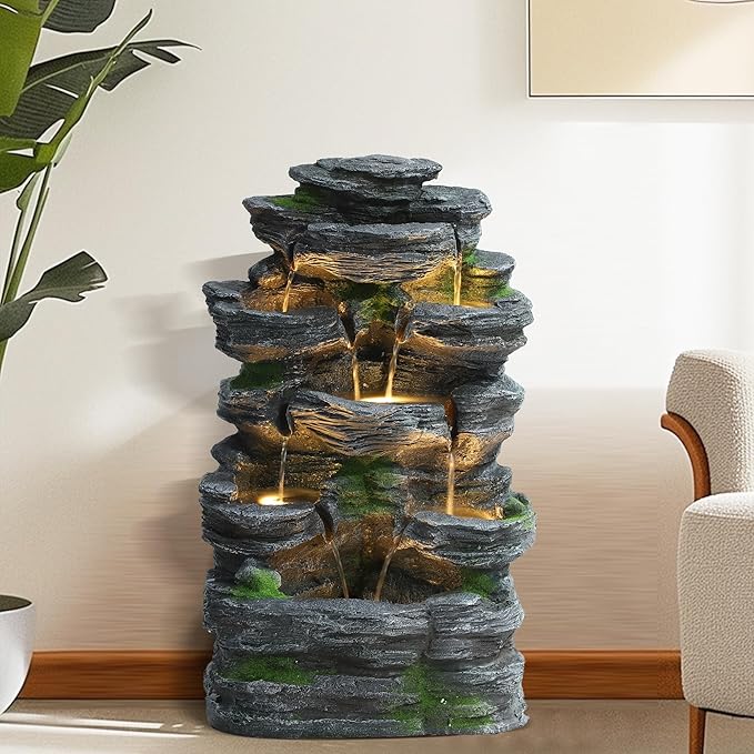 7-Tiers Garden Waterfall Fountain Outdoor - Water Fountains and Waterfalls, Outdoor/Indoor Floor Style Resin Fountain with LED Light for Patio, Garden and Backyard, Deck, Porch, Home