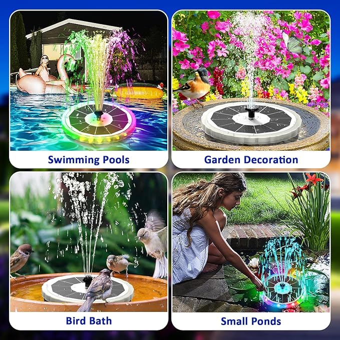 SZMP Solar Fountain, Upgrade 4W Solar Bird Bath Pump with 4000mAh Battery, Color LED Lights, Outdoor Solar Powered Water Fountain Pump with 7 Nozzles and 4 Fixers for Garden (Multi-Color)
