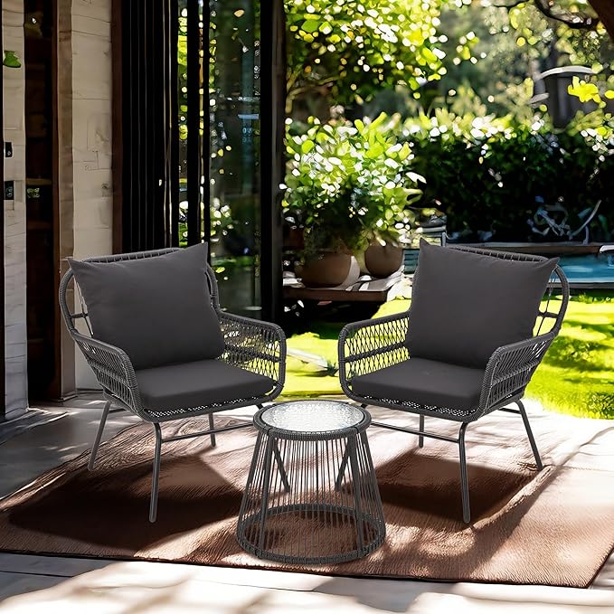 Bezseller 3-Piece Outdoor Patio Furniture Set - 20" Wide Seating w/ 2" Thick Cushions, 14.2" Seat Height - Modern Boho Furniture for Gardens, Balcony & Apartments