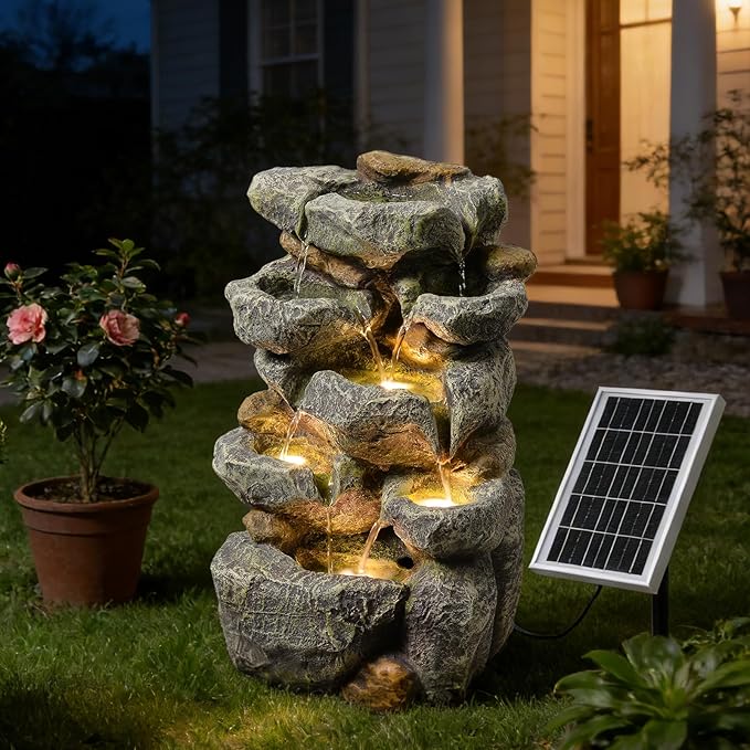 Solar Water Fountain Outdoor Garden,5 Tiered Cascading Rock Solar Powered Water Fountain Water Fall Fountains Outside with Lights for Backyard, Patio, Deck, Porch, 19.3" H x 12.2" L x 9.5" W