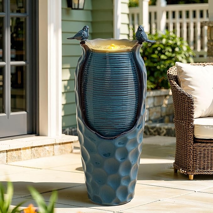 32.5" H Ceramic Jar Outdoor Fountain, Honeycomb Pot Water Feature with LED Lights, Soothing Trickling Waterfall for Garden, Patio, Yard, Balcony Oasis, KD Vivid Birds, Turquoise Glaze