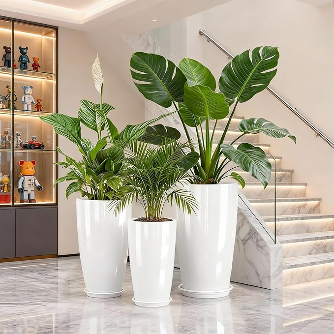 QCQHDU 24, 21, 18 inch Tall Planters for Outdoor Plants, with Drainage Hole & Saucer, Set of 3 Tall Outdoor Planter for Indoor & Outdoor Plants, Modern Home Decor