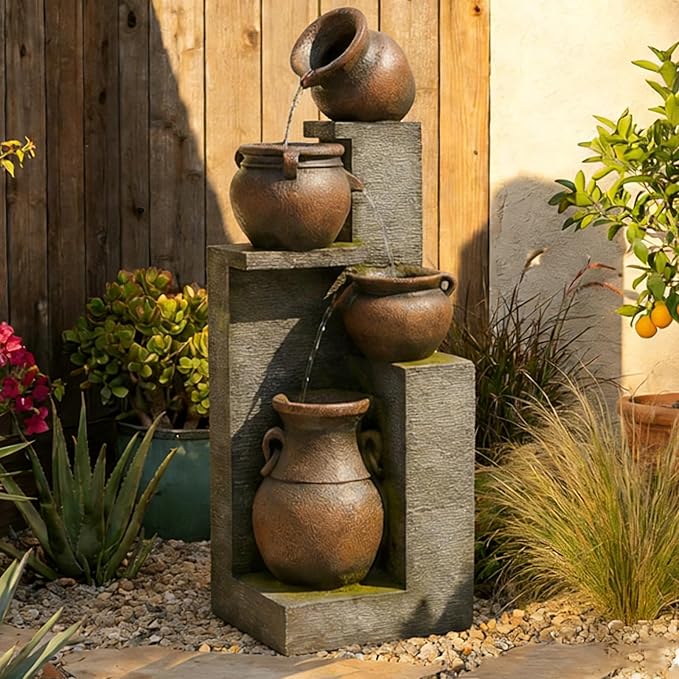 53''H Water Fountain Outdoor Garden Fountain Large- 4 Tiered Cascading Bowls and Outdoor Fountains and Waterfalls with Lights for Garden, Patio, Backyard, Porch Home Art Decor
