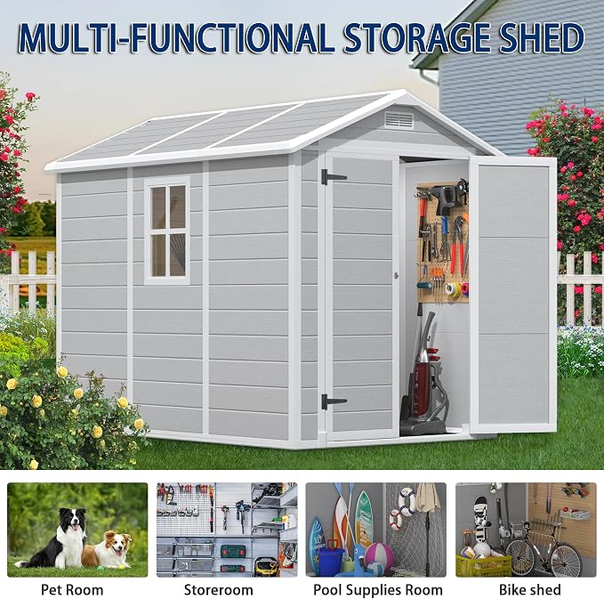 8.7x5.5 FT Outdoor Resin Storage Shed with Floor, All-Weather Plastic Garden Shed with Lockable Door & Windows, Waterproof Outside Tool Sheds for Backyard, Patio, Lawn, Tools Storage - Gray - Image 7