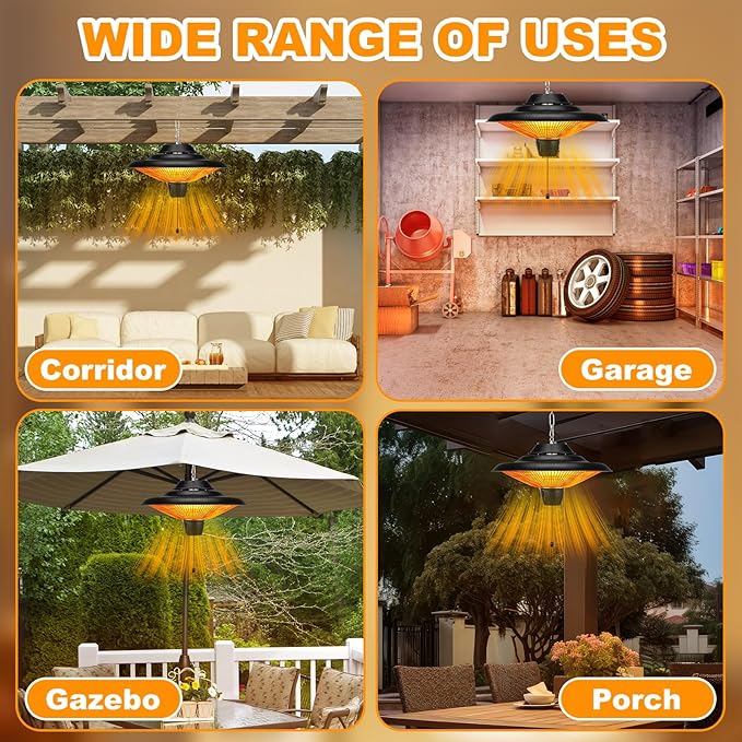 Outdoor Hanging Patio Heater 1500W Electric Hanging Ceiling Mounted Infrared Heater with Storage bag 3s Fast Heating, Quiet, Adjustable Chain, for Home Garage Balcony Studio