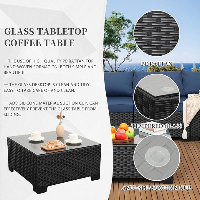Valita 7 Pieces Outdoor Wicker Furniture Conversation Set Patio Sectional Sofa Set Glass Table with Non-Slip Cushions Furniture Cover, Navy Blue