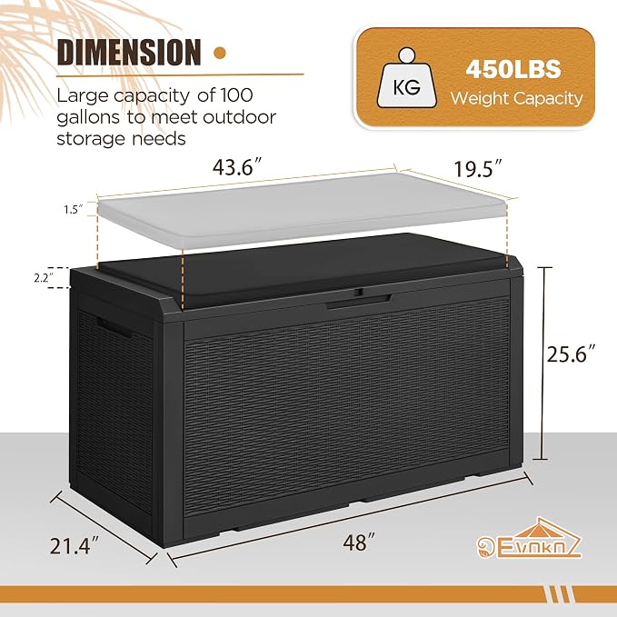 Devoko 100 Gallon Waterproof Large Resin Deck Box Outdoor Storage Box Indoor Lockable Storage Container with Cushion for Patio Furniture Garden Pool Cushions (Black) - Image 8