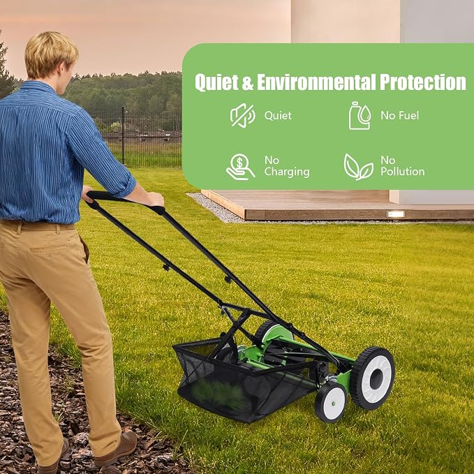 16" Push Reel Lawn Mower,5 Blades Cordless Manual Reel Lawn Mower, 1.3-2.5 Inch Adjustable Cutting Height, Manual Push Mower with Grass Catcher Bag, Green - Image 7