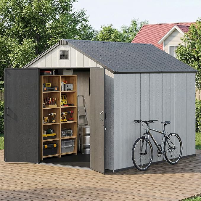 Jocoevol Outdoor Storage Shed, 8x10FT Resin Shed with Floor/Windows/Lockable Door/Vents, 15mm Thickened Heavy Duty All-Weather Garden Tool Shed for Backyard, Patio, Lawn, Gray - Image 9