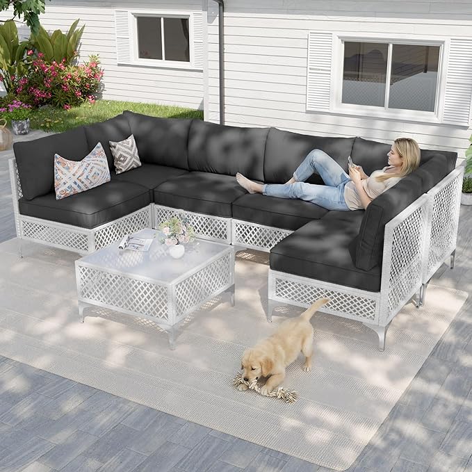 Vikiullf Patio Conversation Set, 7 Piece Outdoor Sectional Sofa Set with Coffee Table, White Wicker with Grey Cushions (White and Grey, 7 piece)