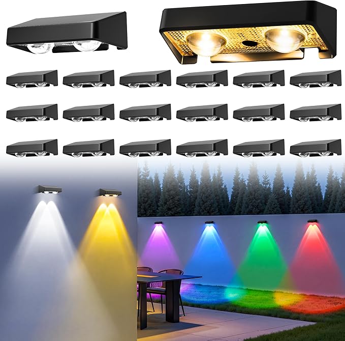 Solar Fence Lights Outdoor,50 LM 11 Modes & 9 Colors Solar Lights with Brighter LED Focus Lens Waterproof IP65 for Wall Backyard Deck Patio Porch Step Railings Pool Decor๏ผ20 Pack๏ผ