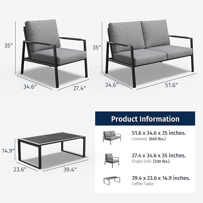 East Oak 4-Piece Patio Furniture Set with Thick Cushions, 2025 Coast Patio Conversation Set,4 Seats Waterproof Outdoor Patio Set with Rattan Armrests, Loveseat and Coffee Table for Backyard, Grey