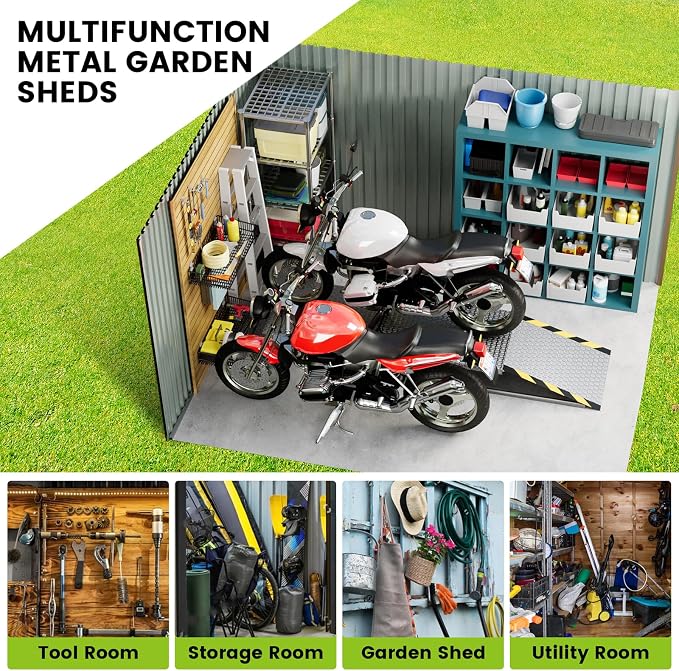 8X12FT Outdoor Metal Storage Shed, Lockable Weatherproof Garden Shed for Tools & Equipment, Durable Galvanized Steel with Sloping Roof & Ventilation, Ideal for Backyard, Patio & Garage Storage, Brown - Image 7