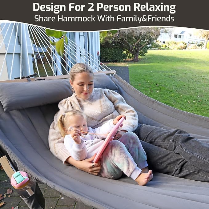 CHULIM Double Quilted Fabric Hammock with Hardwood Spreader Bars and Pillow 450 LBS Capacity 2 Person Large Hammock for Outdoor Patio Backyard Poolside - Tan - Image 7