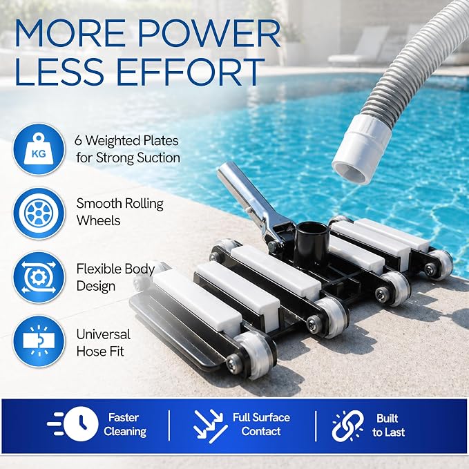 FibroPool Pool Vacuum Head - 14.4" Weighted Flexible Design - Inground & Above Ground Pools - 1.5" Universal Hose Fit - Urethane Wheels - Image 7