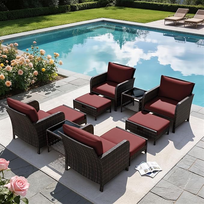 LEVELEVE Patio Conversation Set 5 Piece, Balcony Furniture Outdoor PE Rattan Wicker Lounge Chairs with Soft Cushions, 2 Ottomans & Glass Table for Porch Lawn, Brown (Wine Red Cushions