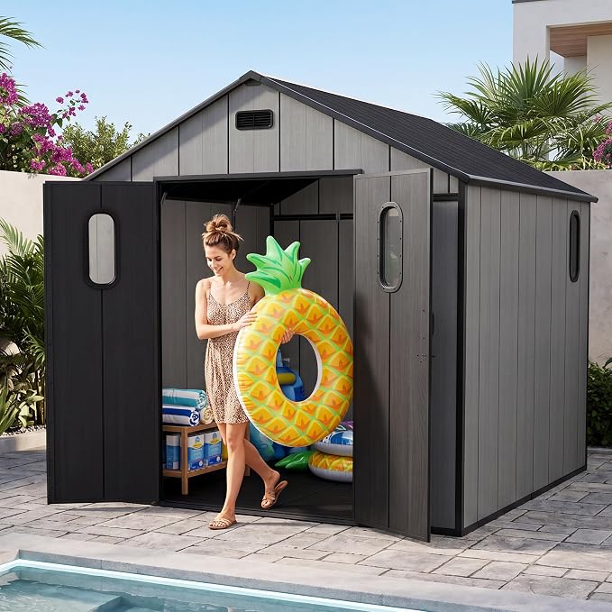 Domi 8x8Ft Resin Outdoor Storage Shed with Floor, Plastic Garden Storage Shed, Outside Weatherproof Storage Building for Tools, Bike, Lawn Mower, Patio, Backyard - Image 9