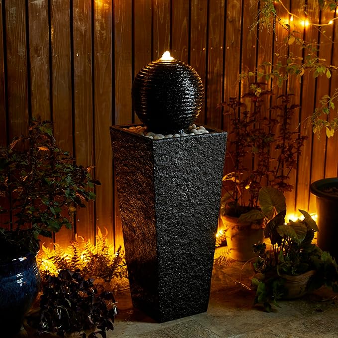 Glitzhome Outdoor Water Fountain with LED Light, Oversized Decorative Black Pedestal Water Fountains with Submersible Pump, Modern Sphere Floor Fountain with Pebbles for Garden Patio Decor, 40.25" H