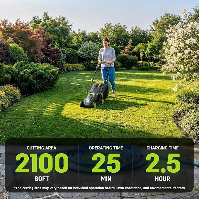 13-Inch Cordless Electric Lawn Mower, 21V Brushless Battery Push Mower with 4.0Ah Battery & Charger, 5-Position Height Adjustment, 8-Gallon Grass Bag - Image 5