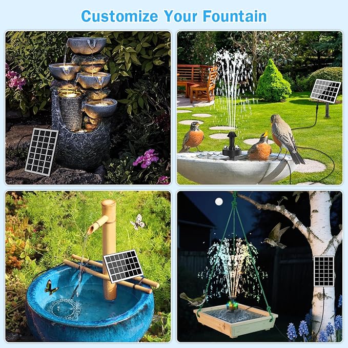 Solar Fountain Pump with Adjust Glass Panel, Upgrade 3.5W Solar Water Pump with Stake, 16.4ft Cable, 2000mAh Battery, Colorful Lights, Solar Powered Fountain Kits for Bird Bath, Hummingbird