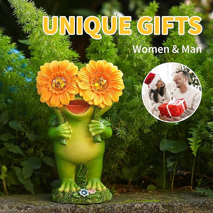 Outdoor Frog Garden Statue: Yard Decoration with Solar Light Funny Frog Sunflower Gifts for Women Mother's Day Housewarming Gift