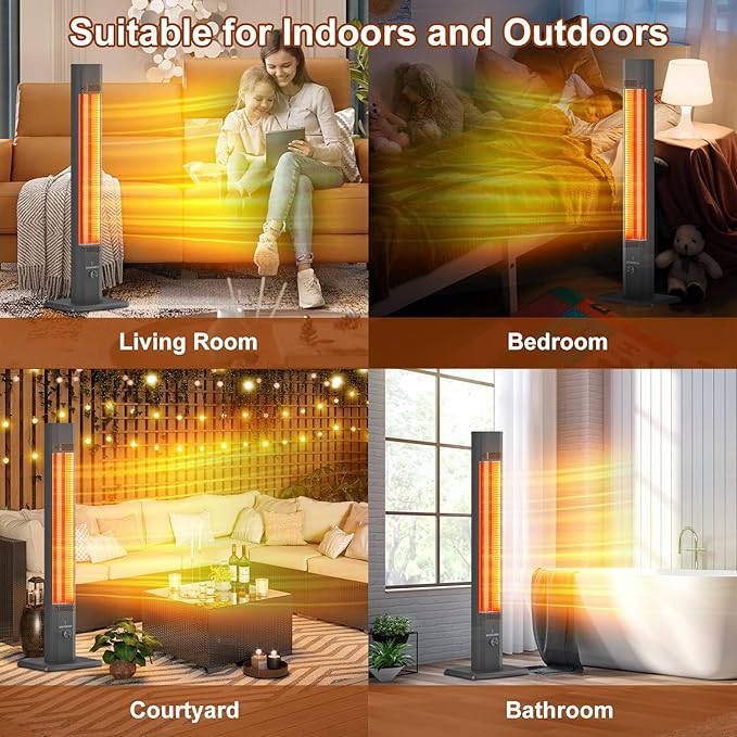 Outdoor Patio Heater with 9 Heat Levels,Space Heater for Garage Backyard Room Indoor,1500W Fast Electric Infrared Heater,9H Timers,Waterproof,Child Lock,Black Large