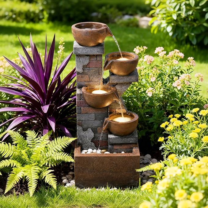 5 Tiers Water Fountain Outdoor Garden - 33.5" H Shape K Indoor Waterfall Fountain with LED Lights for Patio, Balconies, Lawns, Deck, Porch Backyard and Home Art Decor