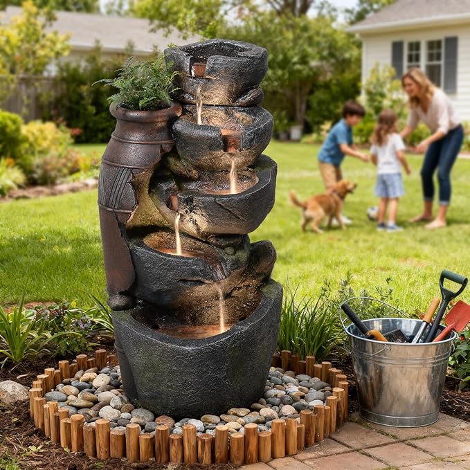 5 Tiered Rock Water Fountain Outdoor with Vintage Jar, Cascading Waterfall Fountain with LED Lights, Outdoor Fountains for Garden or Patio, Yard, and Deck Decor, 16.5" L x 12.6" W x 31.7" H