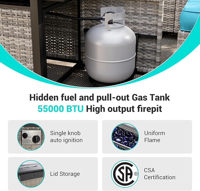 13-Piece Outdoor Patio Furniture Set with Rocking Swivel Chair, PE Wicker Rattan Sectional Sofa Patio Conversation Set with 55,000 BTU Fire Pit Table & Coffee Table, Turquoise