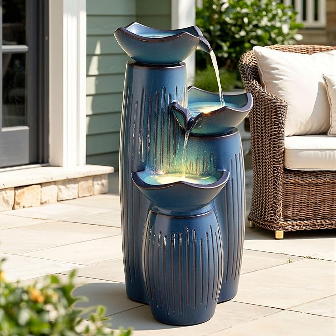 30" H Ceramic Outdoor Water Fountain with LED Lights, 3-Tier Cascading Lotus Bowls Water Feature, Tranquil Waterfall for Relaxing Garden, Patio, Yard, Turquoise, Vertical Striped Texture
