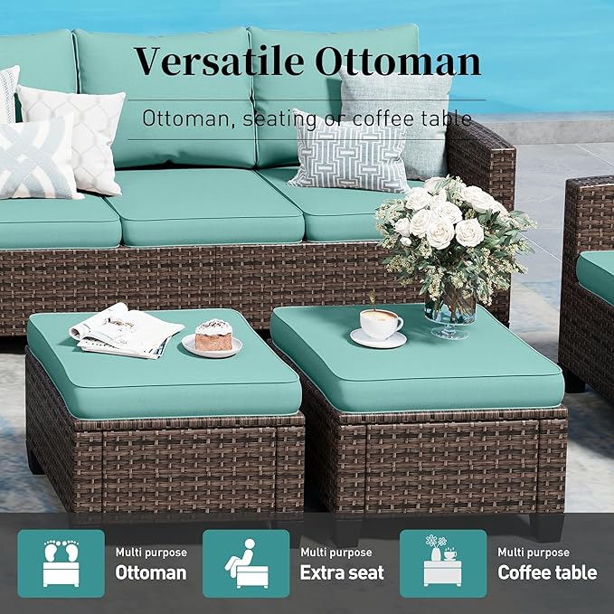 Swivel Glider Patio Furniture Set Outdoor Furniture Brown Wicker Rattan Patio Conversation Sets with Cushion Outside Sofa Set,8 Pieces with Rectangular Firepit Table,12 Seats,Blue