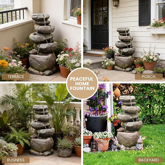 27.8" H Outdoor Water Fountain with LED Lights, 5-Tier Cascading Stone Waterfall Fountain, Natural Rock Resin Outdoor Water Fountain for Garden Patio Backyard Porch Indoor Decor