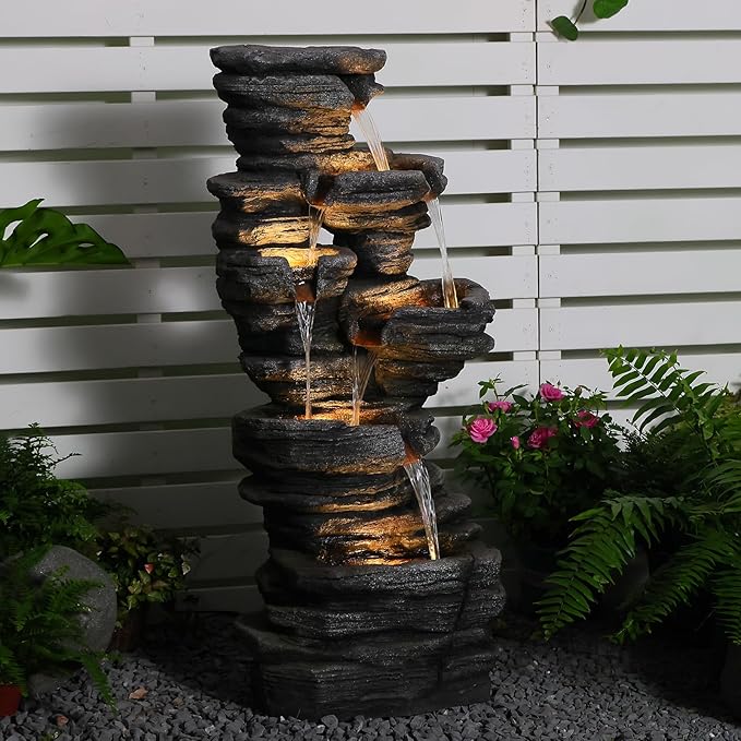 42.5" H Garden Outdoor Water Fountain with LED Lights & Pump, Mutiply-Tier Cascading Outdoor Fountain Suitable for Garden/Patio/Yard/Deck/Balcony and Home Art Decor(Resin)